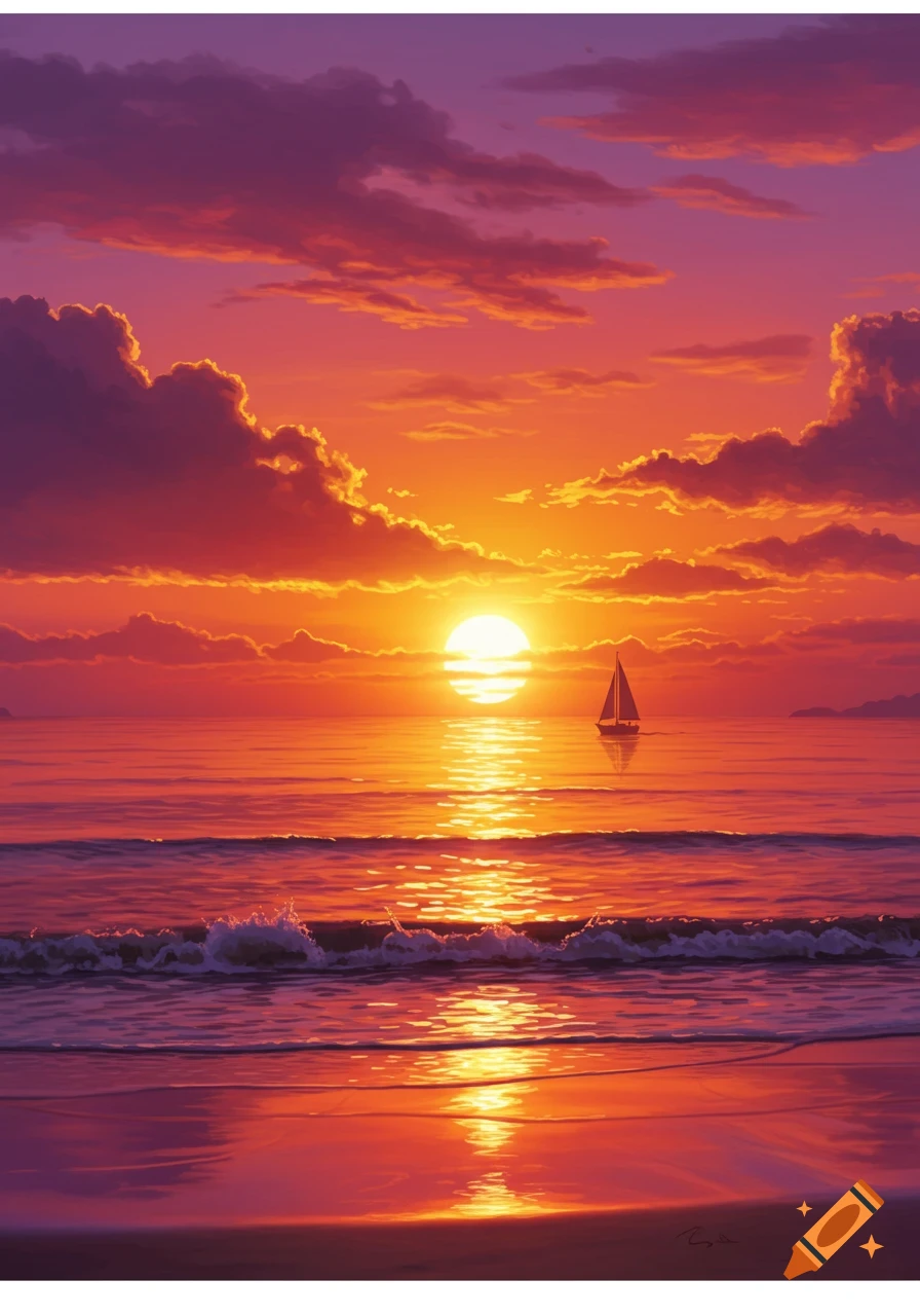 A vibrant sunset over the ocean, casting orange and purple hues across the sky and water, with a sailboat silhouetted on the horizon.