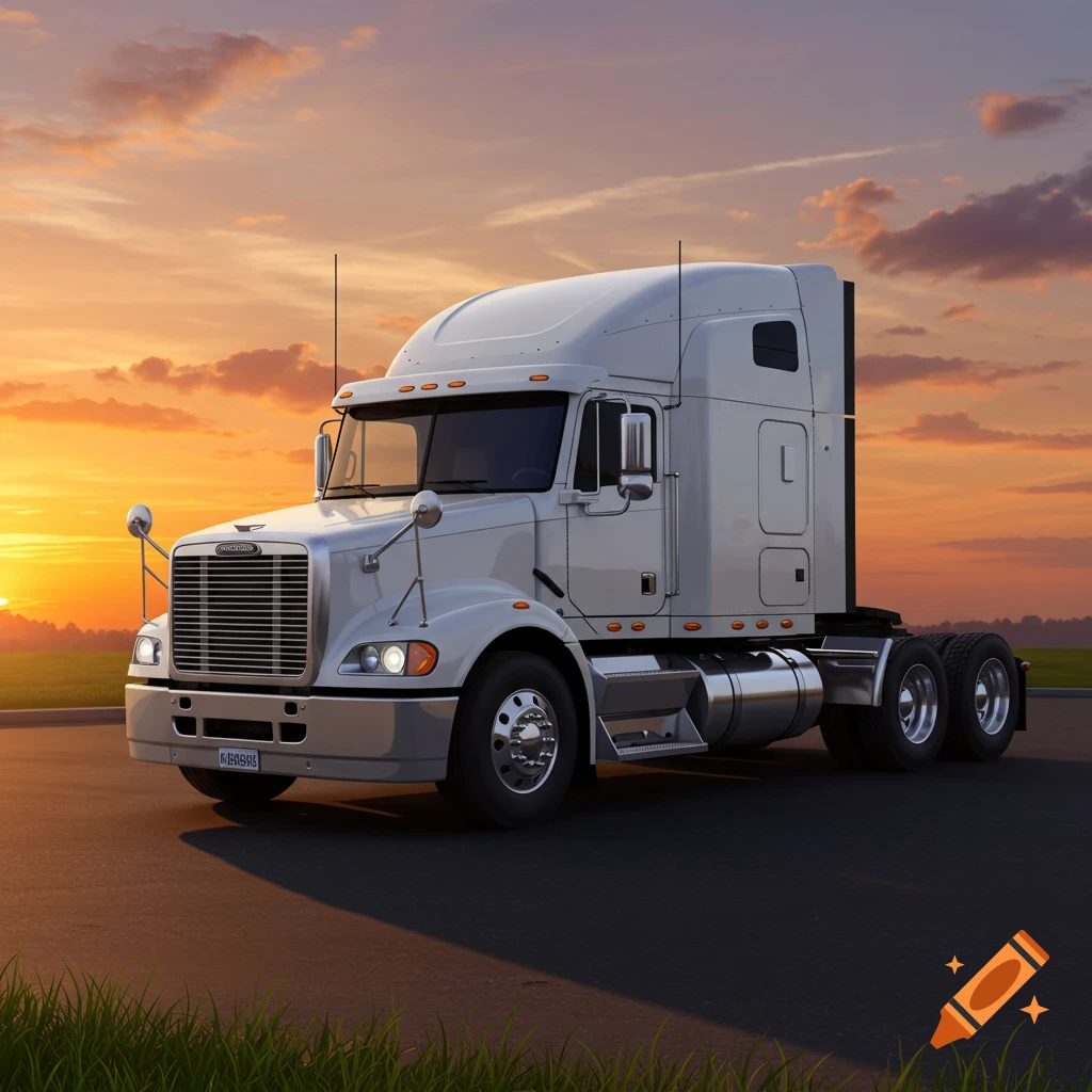 A white Freightliner semi-truck parked on asphalt with green grass in the foreground, set against a vibrant sunset sky.