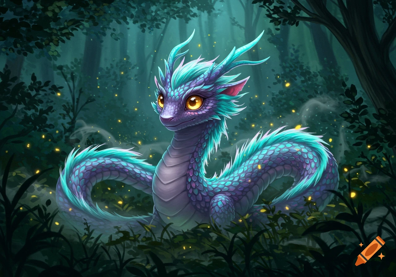A cute, colorful purple and teal baby dragon with large yellow eyes sitting in a mystical dark forest with glowing lights.