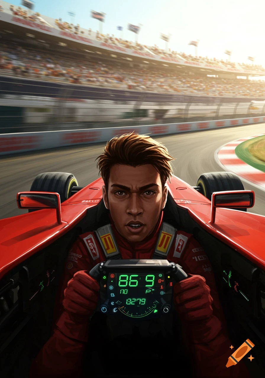 A man in a red racing suit drives a red Formula 1 car on a sunny race track, seen from the driver's perspective.