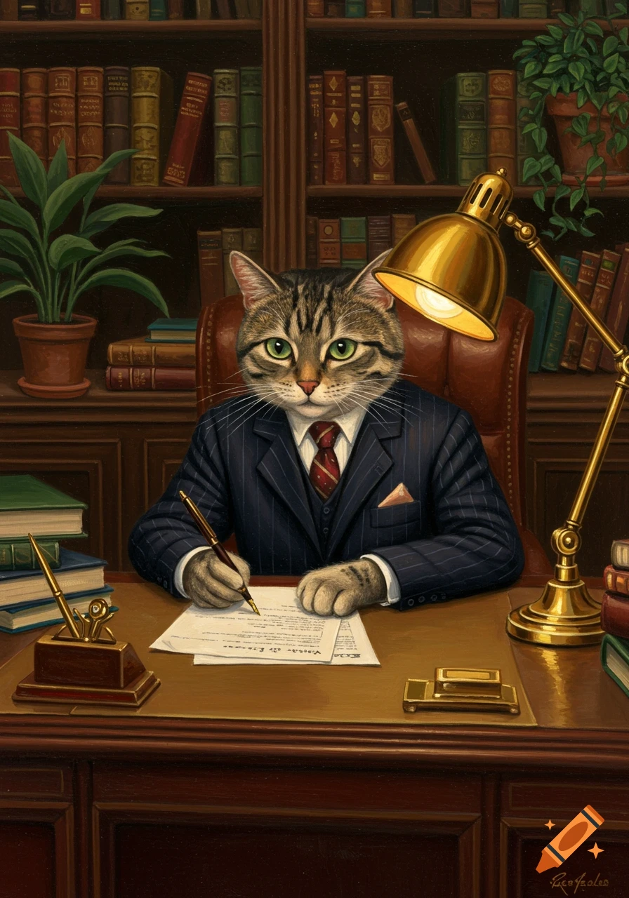 An oil painting of a tabby cat wearing a pinstripe suit, sitting at a wooden desk in a library, writing on a document with a quill pen.