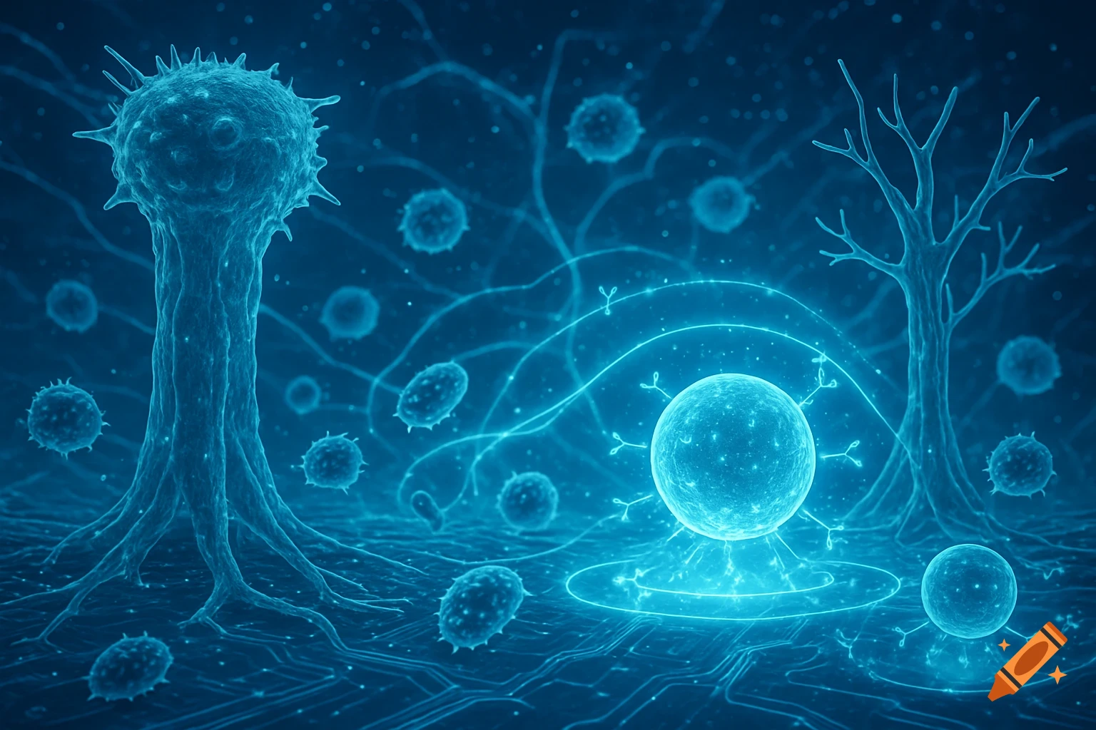 Abstract glowing blue microscopic cells and structures, including a large tree-like form and a central glowing orb.