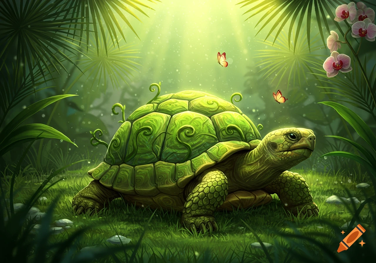 A stylized green tortoise with an ornate shell stands in a lush, sunlit jungle with butterflies and pink orchids.
