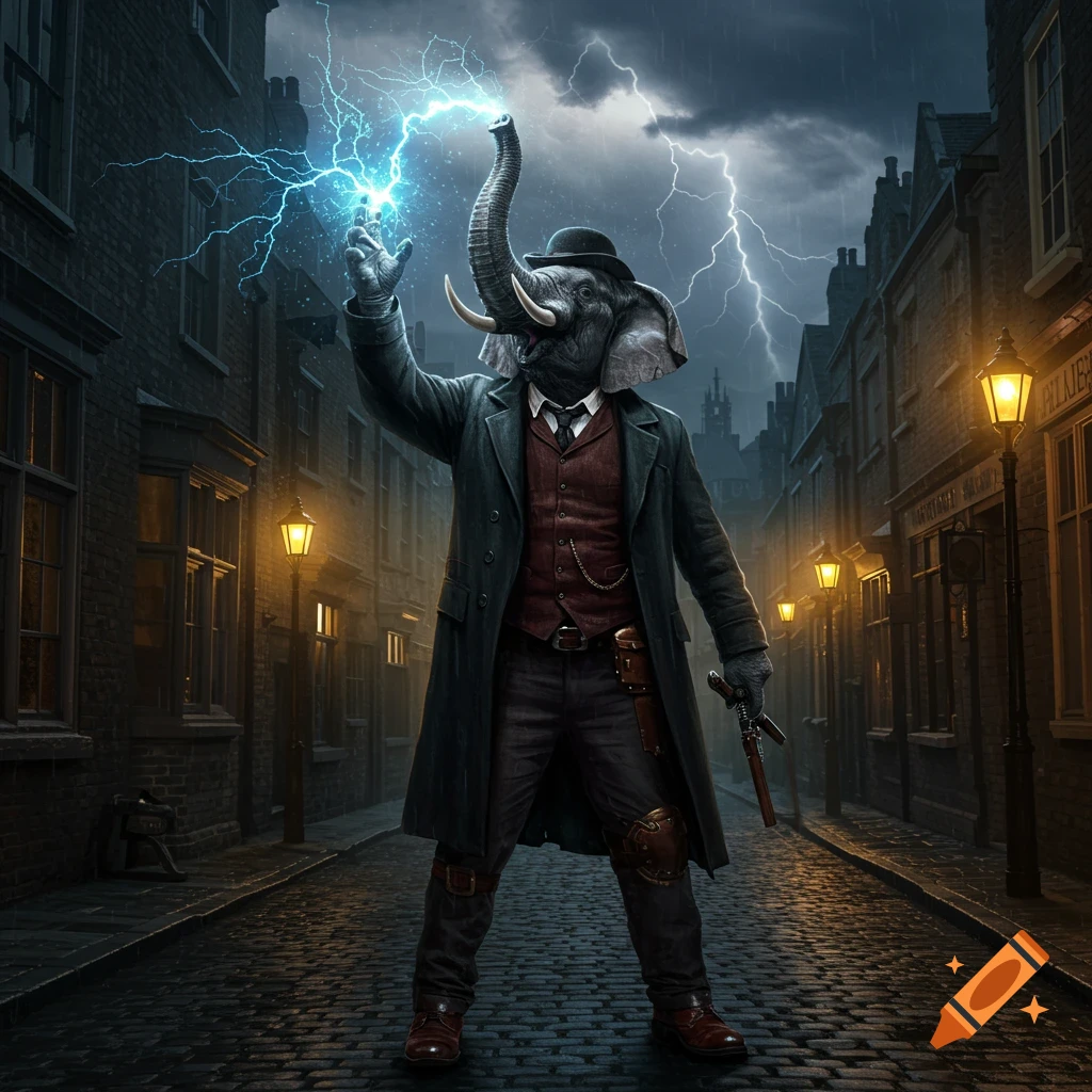 An elephant-headed man in a long coat and hat stands on a rainy Victorian cobblestone street, summoning a bolt of lightning.