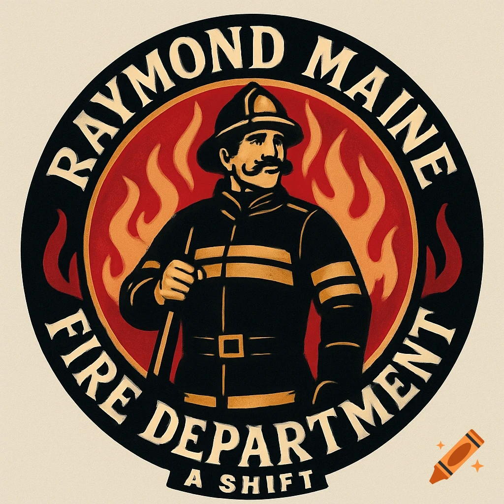 A vintage-style logo featuring a firefighter with a big mustache against a fiery background, with text 'RAYMOND MAINE FIRE DEPARTMENT A SHIFT'.