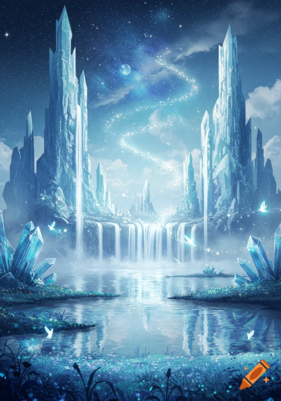 A magical fantasy landscape with towering blue crystal mountains, waterfalls, a reflective lake, and a starry, ethereal sky.