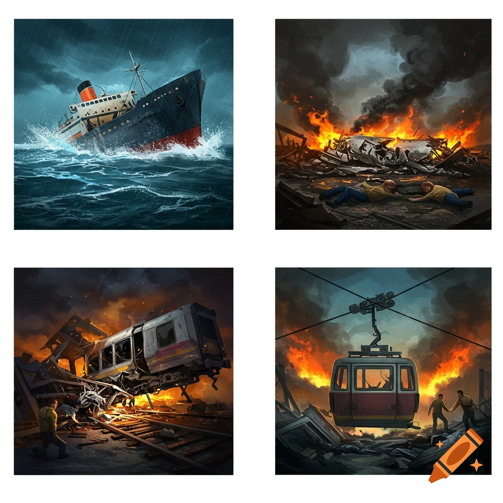 An illustration series depicting four major accidents: a ship sinking in a storm, a plane crash with fire, a derailed train amidst wreckage, and a crashed cable car in a destroyed landscape.