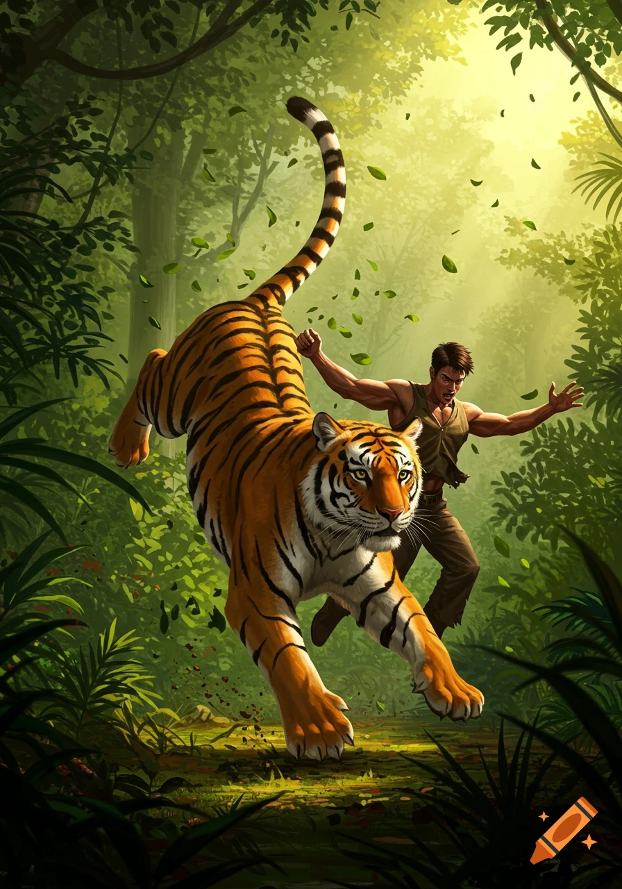 A stylized illustration of a man reacting to a tiger leaping through a vibrant green jungle with leaves flying.
