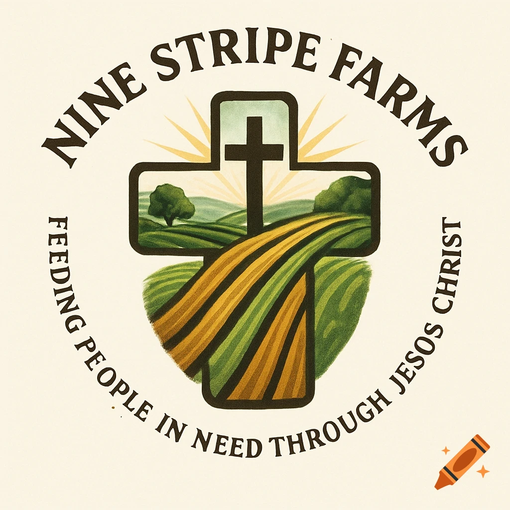 Logo for Nine Stripe Farms featuring a cross with fields and a tree inside, surrounded by text 'Nine Stripe Farms Feeding People in Need Through Jesos Christ'.