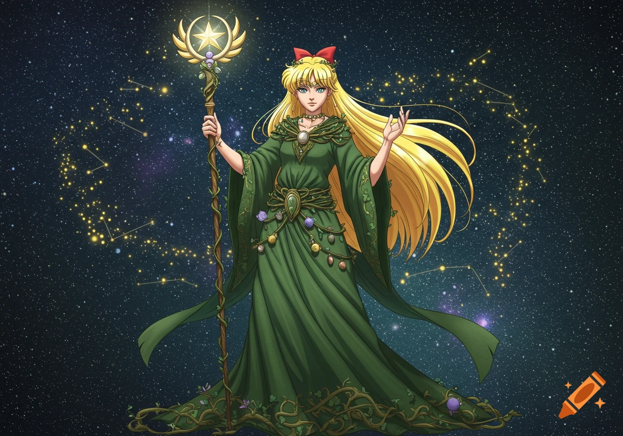 Anime-style woman with long blonde hair in a green druid robe holding a glowing star-tipped staff against a starry night sky.