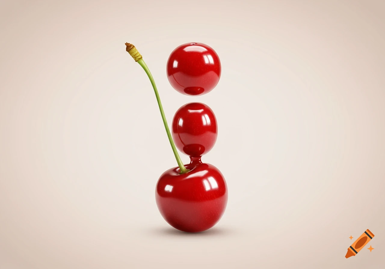 A photorealistic red cherry forms the letter 'i' with its stem and a floating upper berry on a light background.