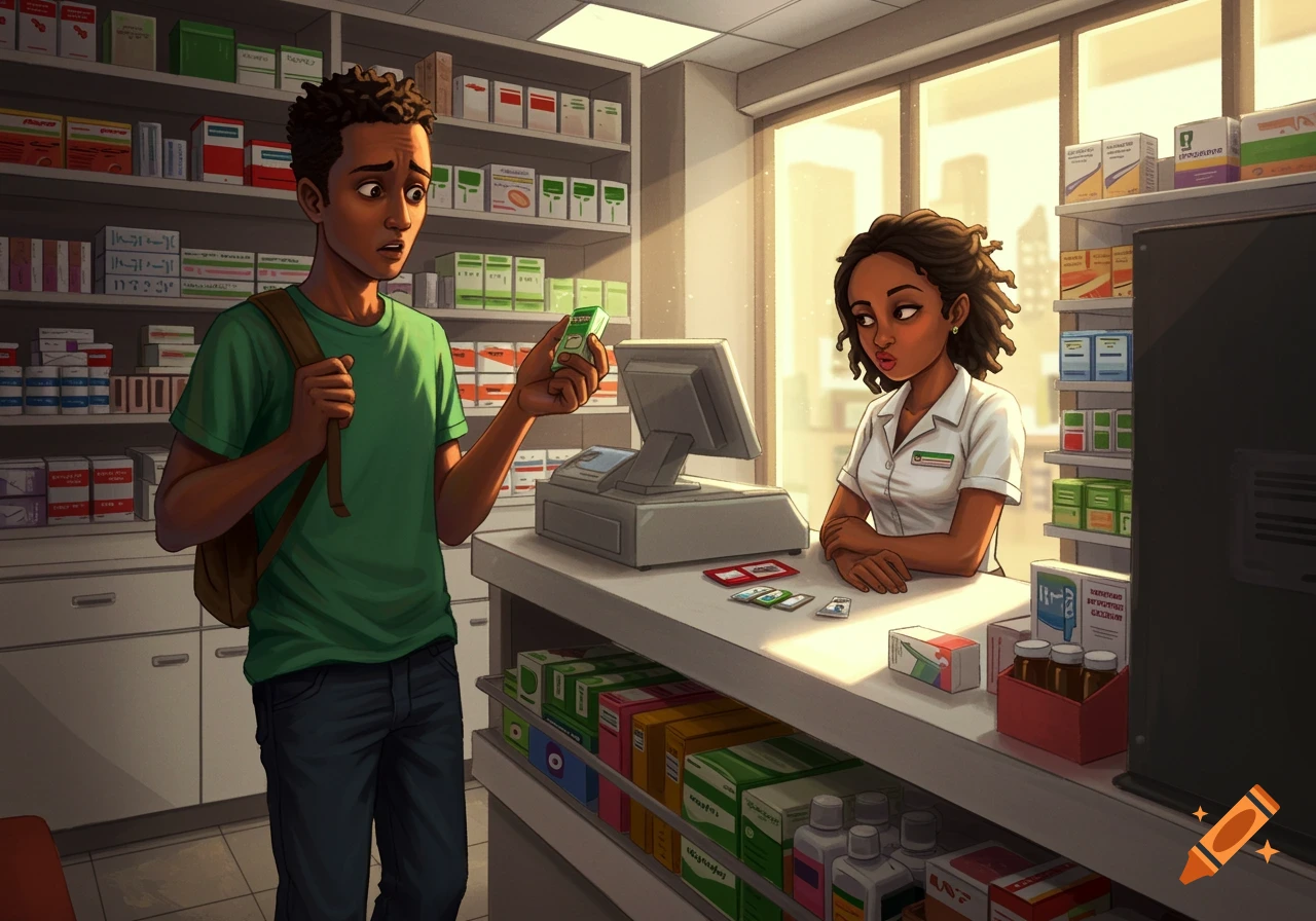 A young man looking embarrassed while holding an item, facing a sarcastic cashier in a pharmacy.