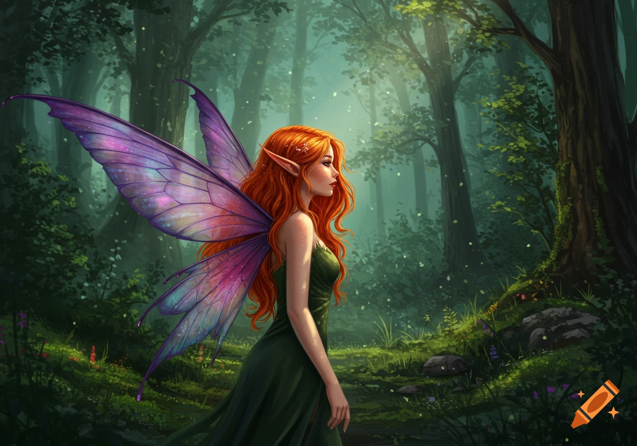 A red-haired fairy with luminous purple wings stands in a mystical, sun-dappled forest.