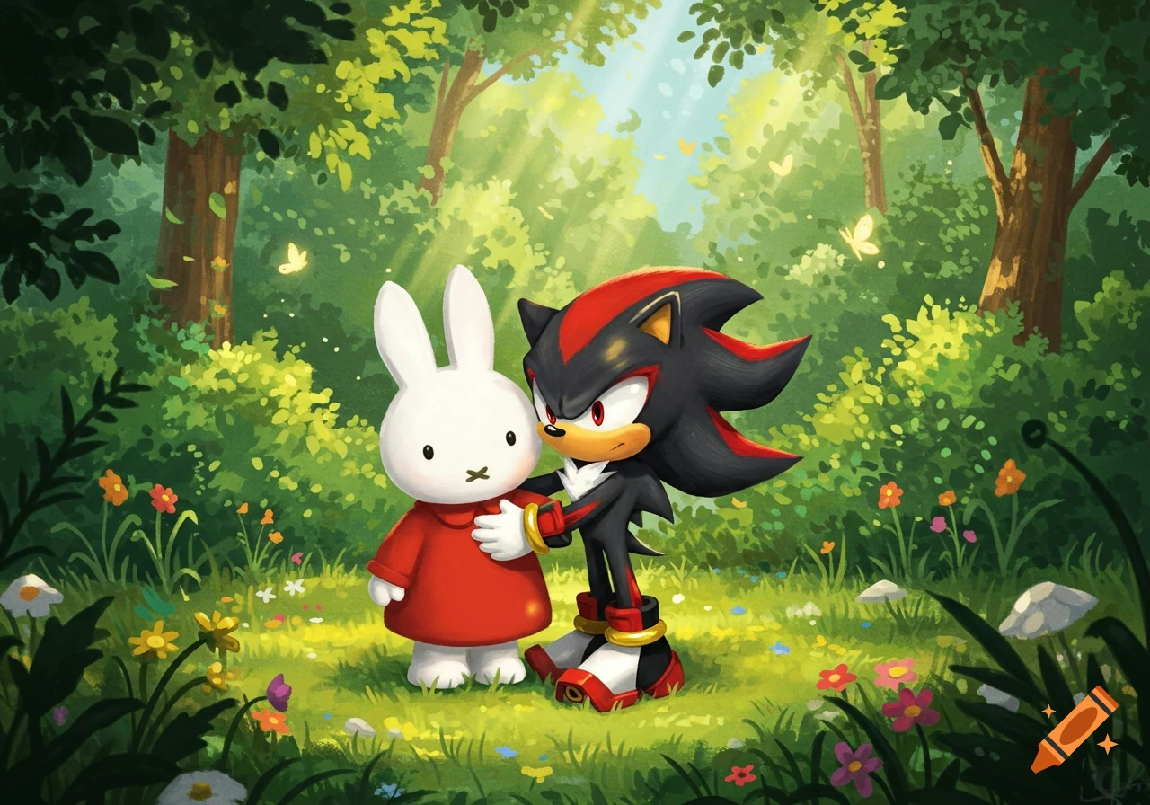 Miffy and Shadow the Hedgehog hugging in a sun-dappled green forest with colorful flowers.