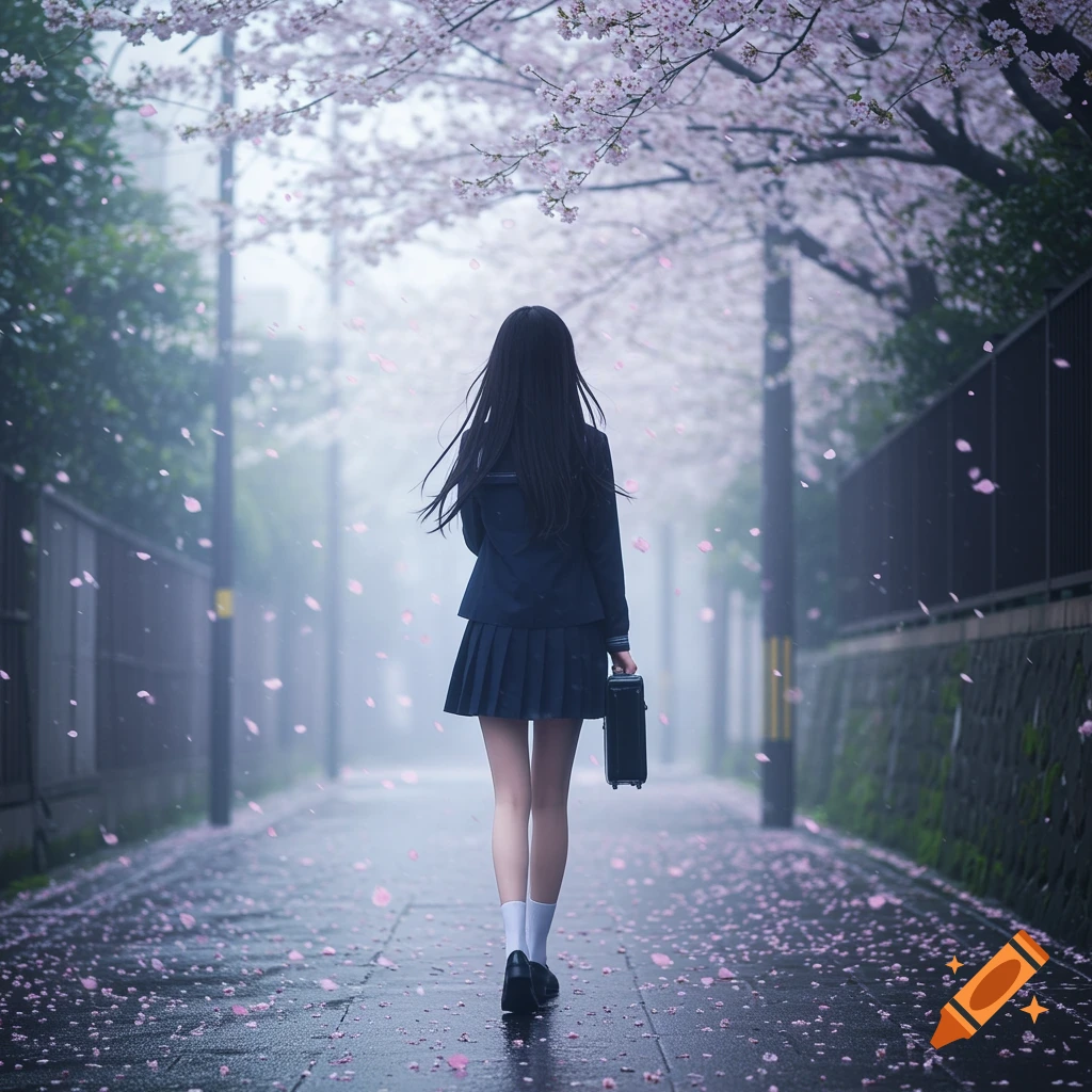 A girl in a school uniform walks on a cherry blossom petal-covered path in a misty, tree-lined street.