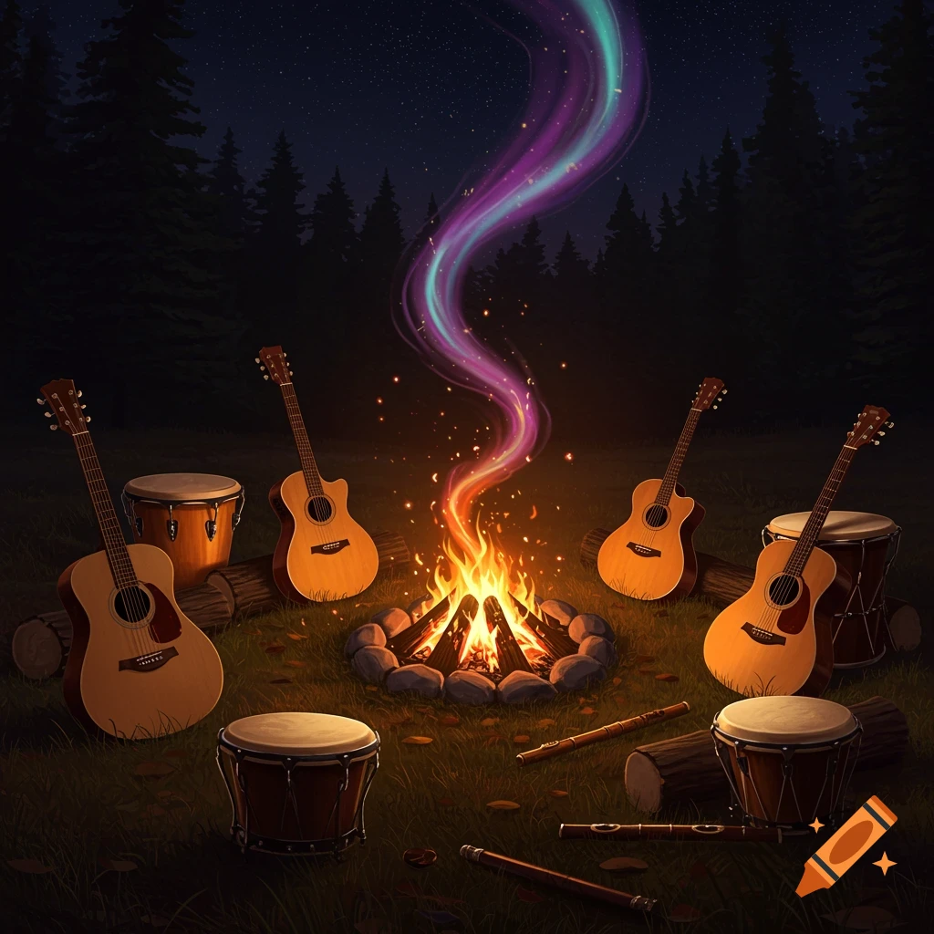 Musical instruments gathered around a magical campfire in a dark forest at night.