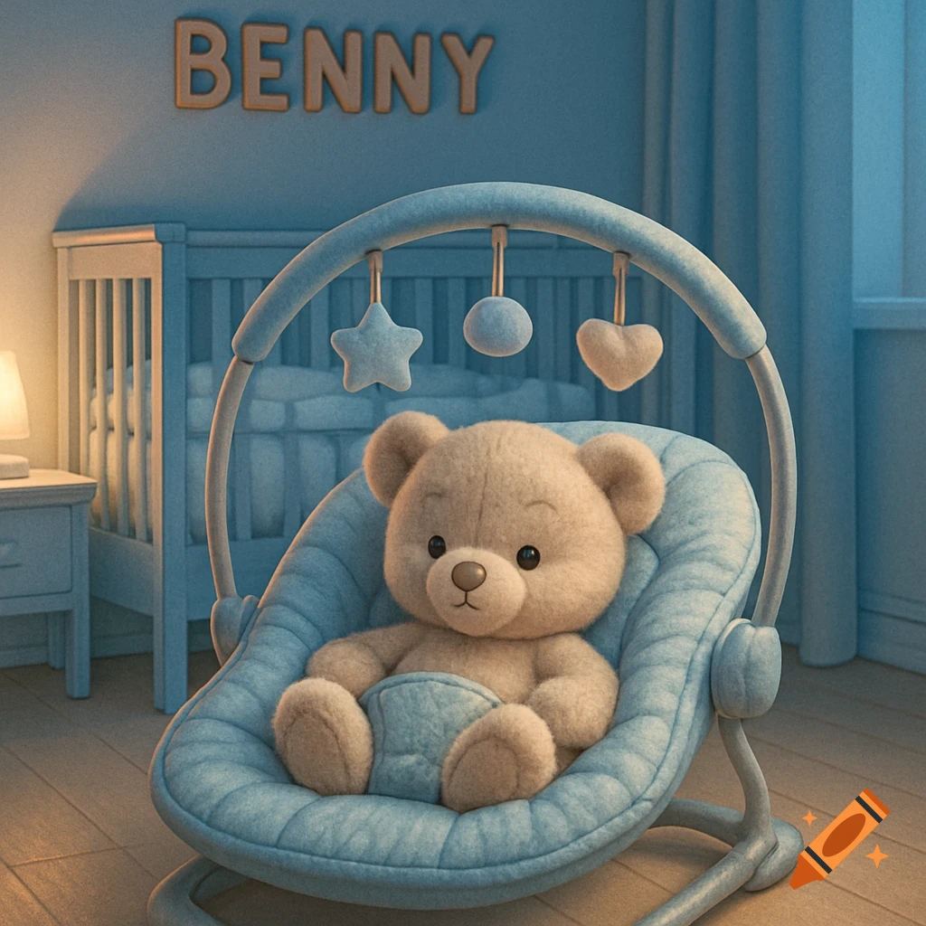 A plush teddy bear sits in a blue baby bouncer in a cozy blue nursery. The name 'BENNY' is on the wall above a crib.