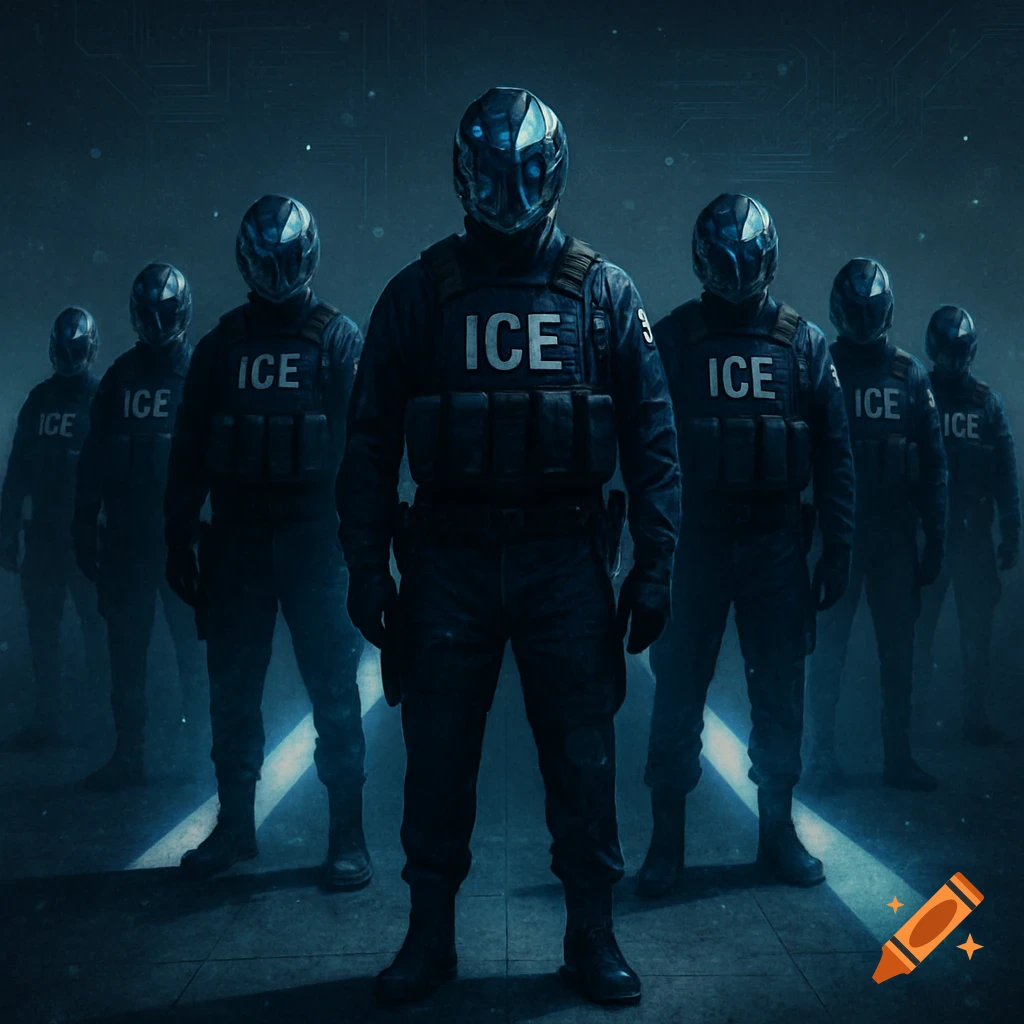 A group of masked, armored agents with "ICE" on their vests stand in a dark, stylized setting with blue light.
