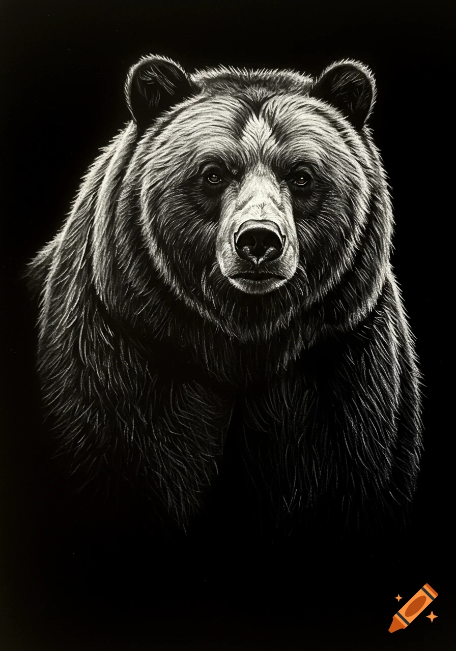 A striking black and white charcoal drawing of a bear's head and shoulders.