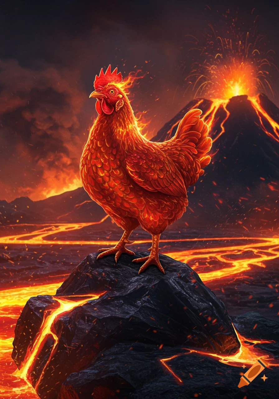 A majestic fiery red chicken stands on a rock surrounded by glowing lava, with an erupting volcano in the background.