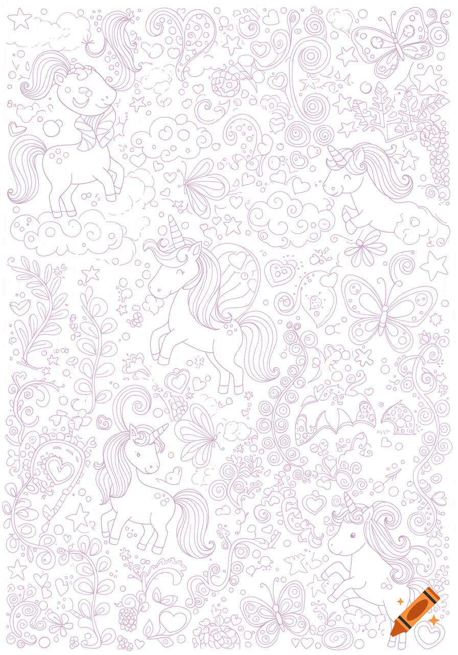Line art coloring page with multiple cute unicorns, hearts, stars, clouds, and floral patterns.