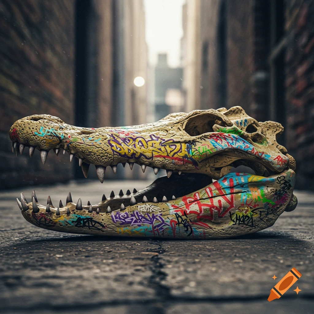 A photorealistic crocodile skull covered in colorful graffiti tags, resting on cracked pavement in a gritty urban alleyway.