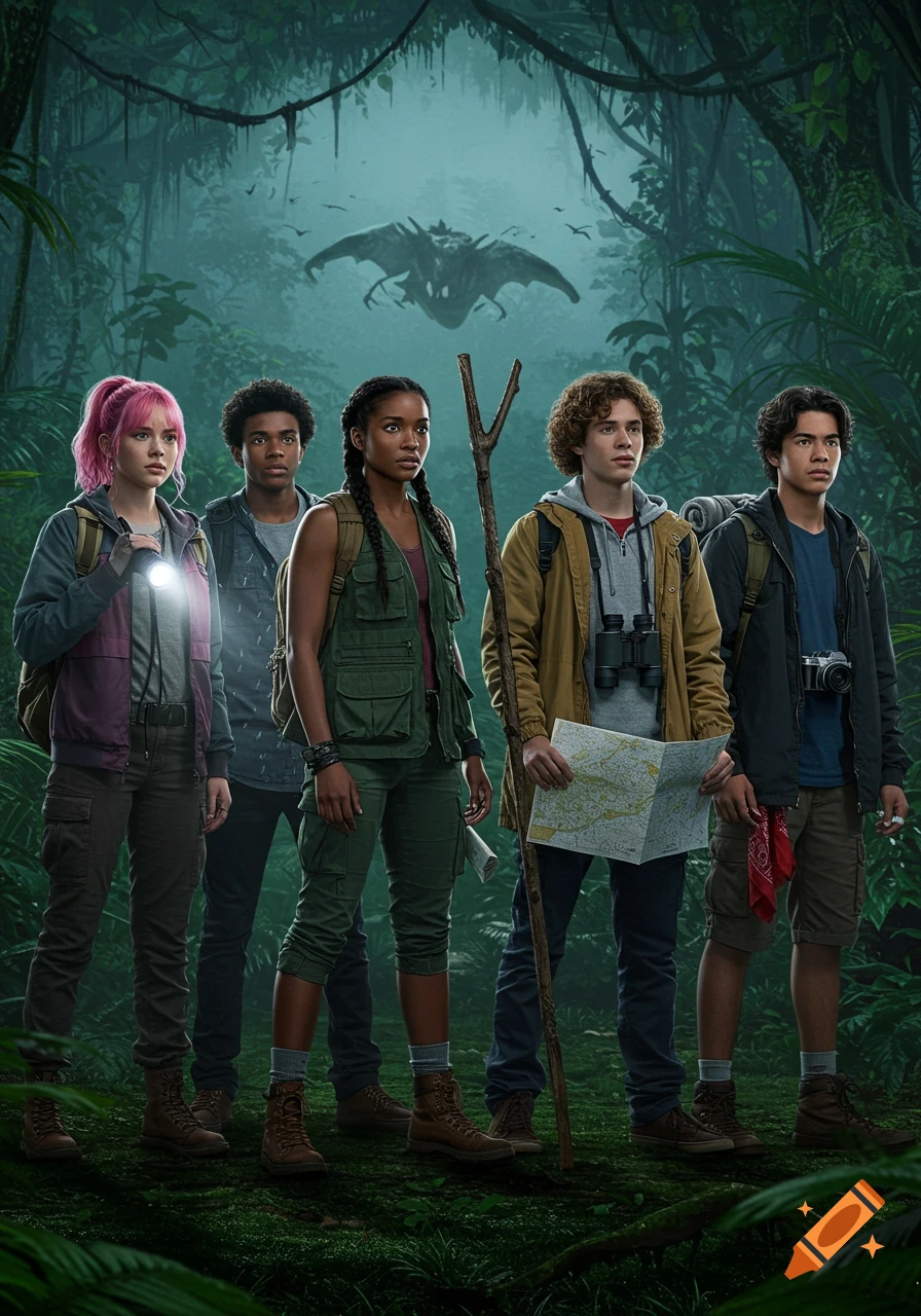 Five teenagers in hiking gear stand in a dark, misty jungle, looking up at a large, winged creature in the distance, resembling a movie poster.