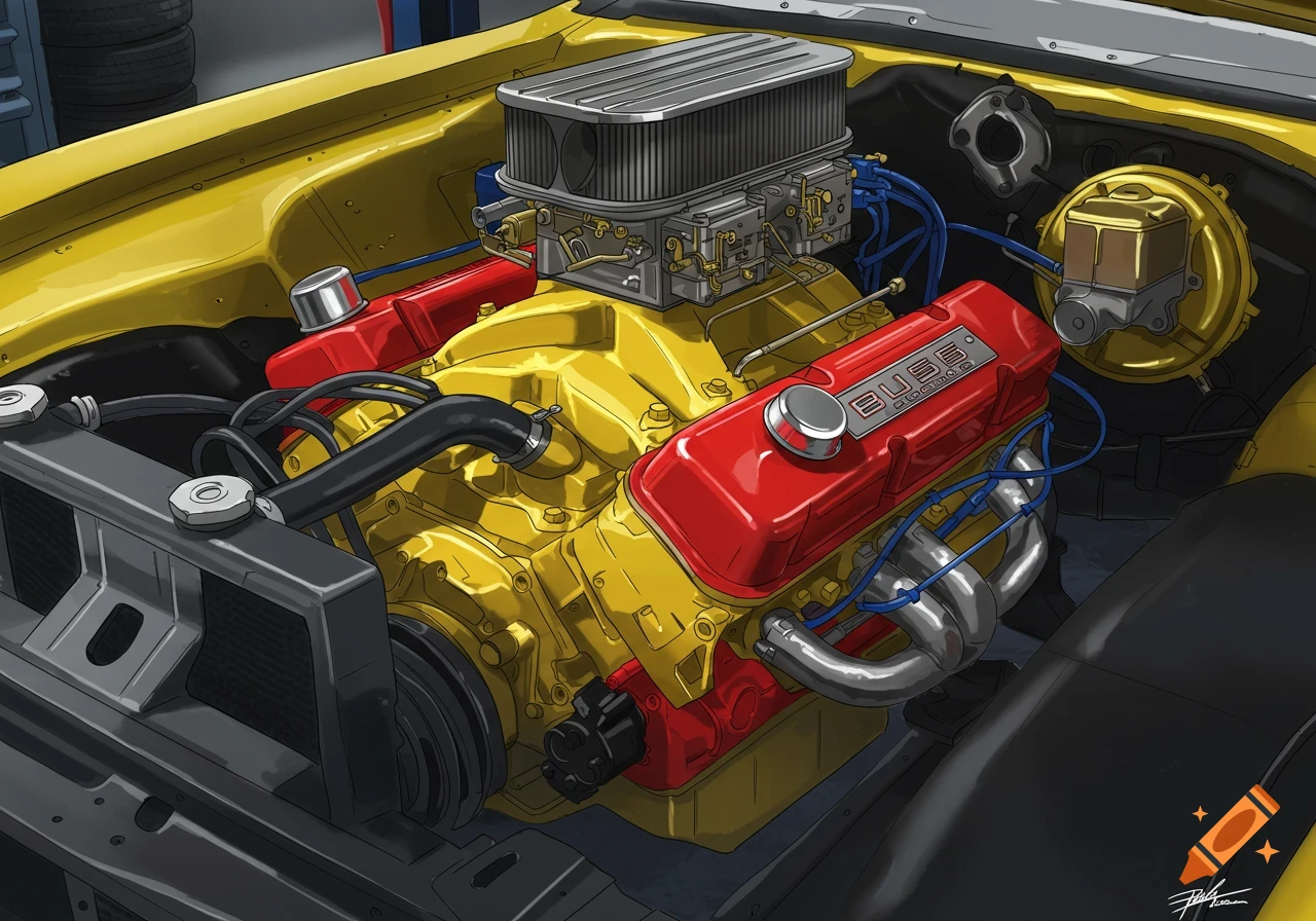A detailed illustration of a yellow 1970 Buick 455 engine with red valve covers in an engine bay.