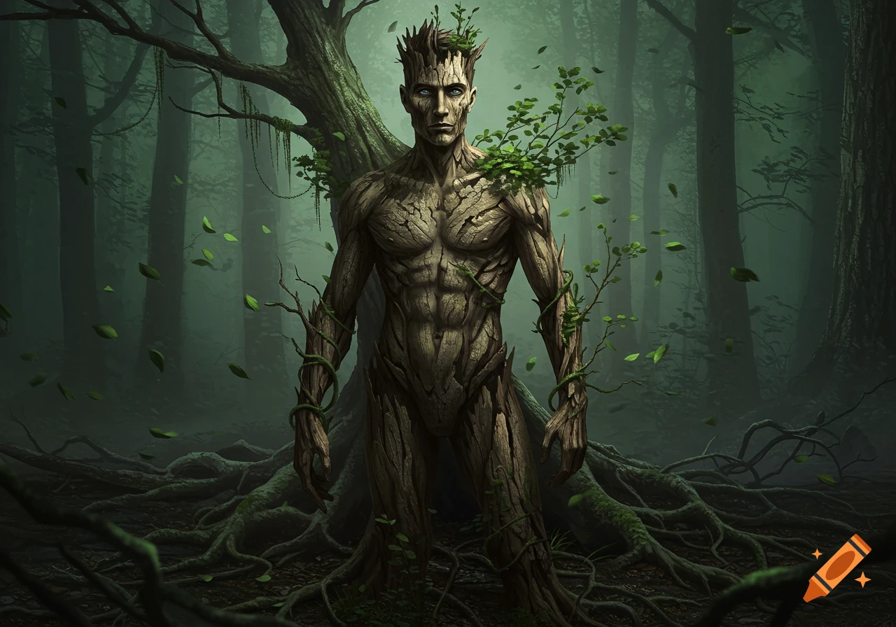 Photorealistic image of a man with bark skin and branches, standing in a misty forest surrounded by roots.