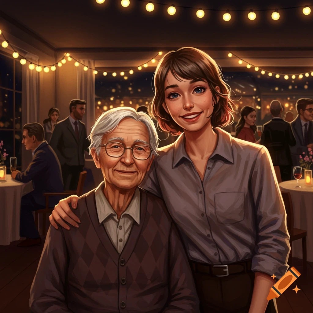 An elderly man and a younger woman pose for a smiling illustration at an indoor event with string lights.