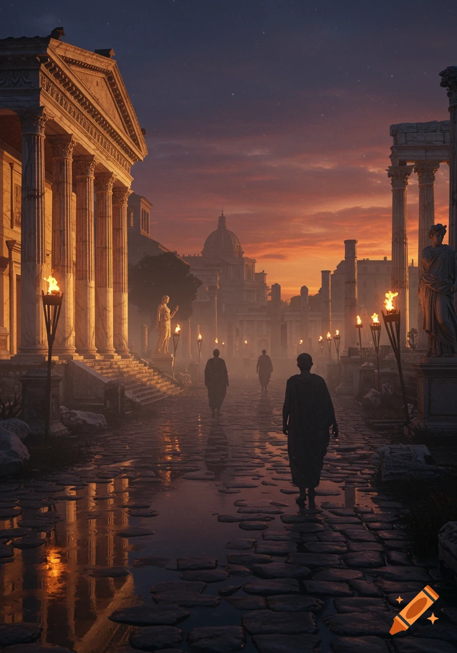 An ancient Roman forum at dusk with torchlight, cobblestone paths, classical architecture, and silhouetted figures walking.