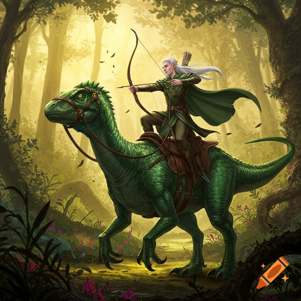 An elf archer with white hair rides a green dinosaur through a lush, sunlit forest.