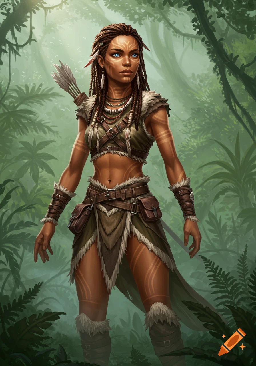 A fantasy character, a dark-skinned woman with braided hair and blue eyes, wearing a tribal hunter outfit, stands in a lush jungle.