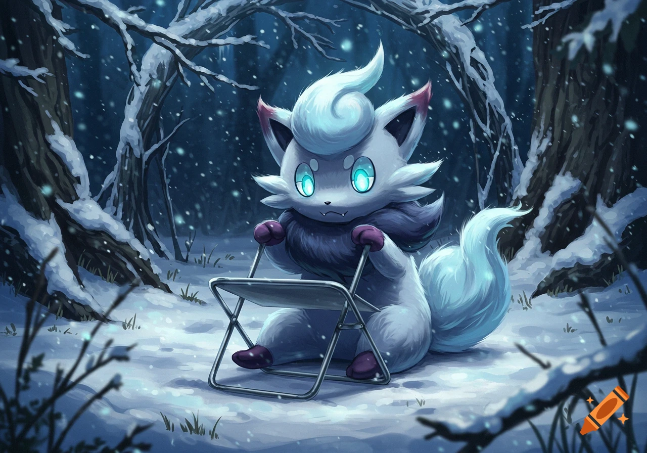 A cute white and purple Hizuan Zorua sits in a snowy forest, holding a foldable metal chair, rendered in a digital art style.