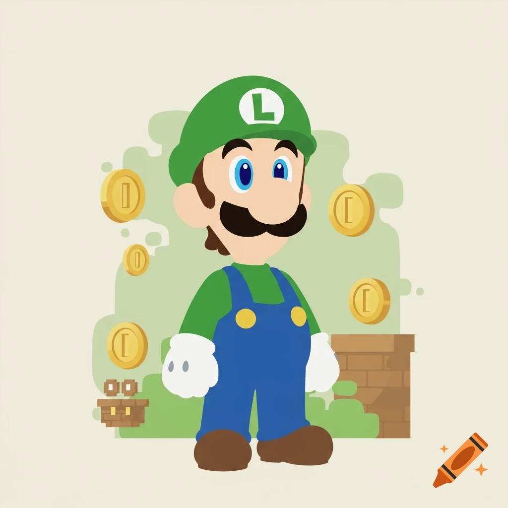 Chibi minimalist illustration of Luigi from Super Mario standing with gold coins and a brick block.