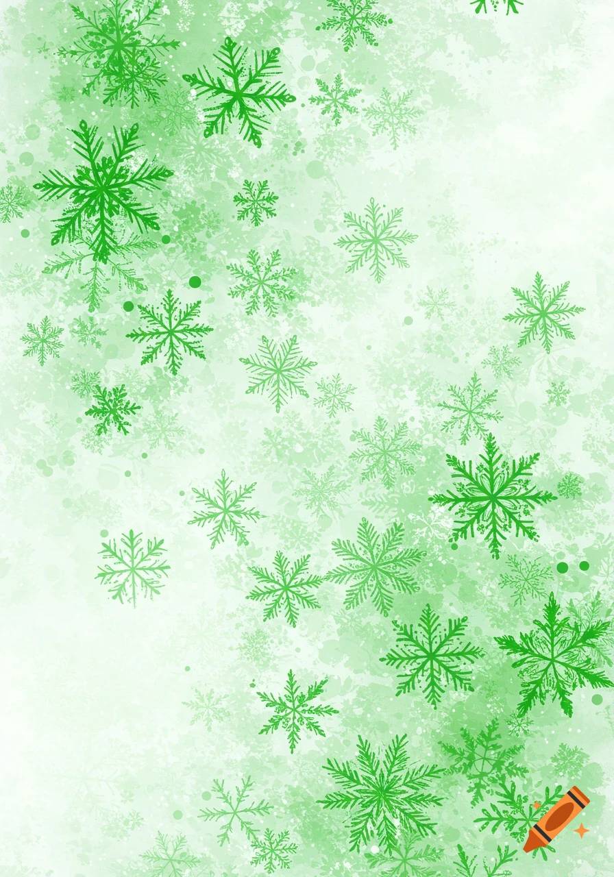 Bright green snowflakes in various sizes on a textured light green and white background.
