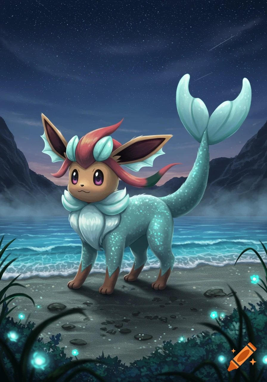 A merged Eevee and Finneon creature with a mermaid tail stands on a sandy beach at night under a starry sky.