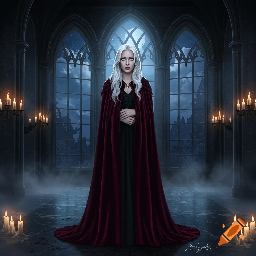 Pale woman with white hair and blue eyes in a red velvet cloak stands in a dark gothic hall with arched windows and candles.