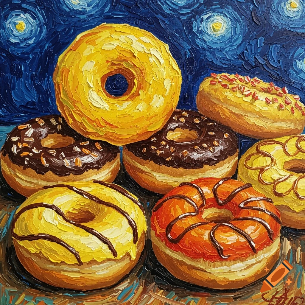 A still life painting of multiple colorful doughnuts in the impasto style of Van Gogh, with a swirling blue background.