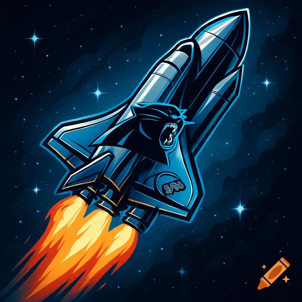 A stylized blue space shuttle with a black panther head logo, flying through a starry blue galaxy with fiery engines.
