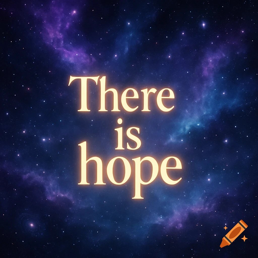 Glowing text 'There is hope' against a vibrant starry night sky with blue and purple nebulas.