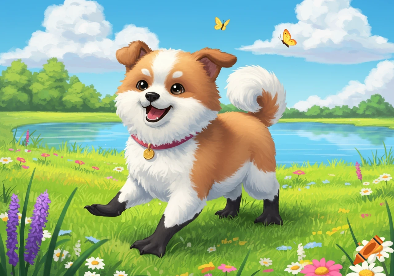 A cute brown and white dog with black flipper-like paws walks through a grassy field with colorful flowers and butterflies. A lake and trees are in the background.