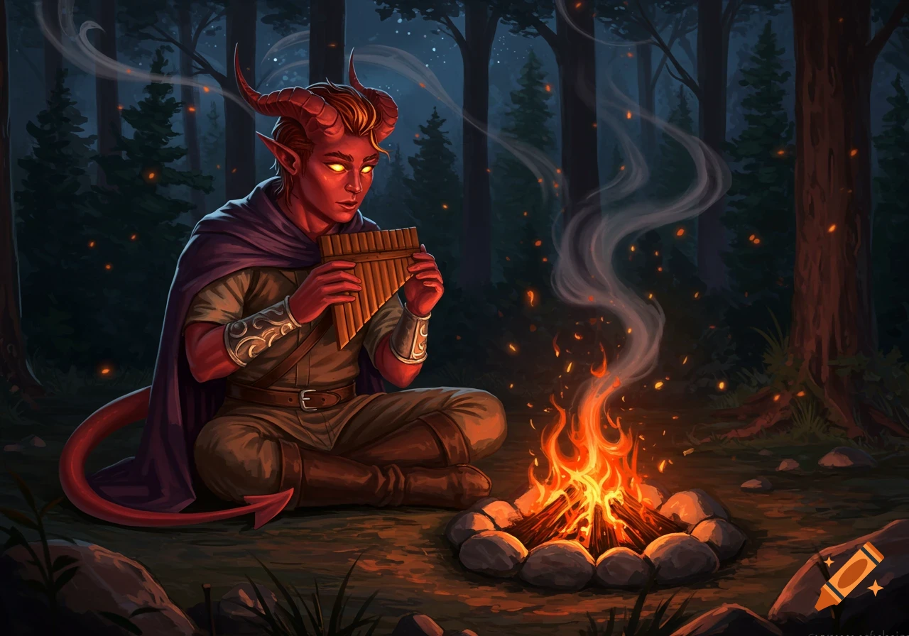 A red tiefling with glowing eyes sits cross-legged by a campfire in a dark forest at night, playing a panflute.