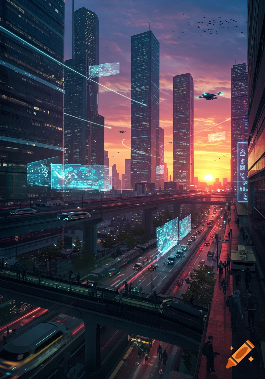 A vibrant futuristic city at sunset with towering skyscrapers, multi-level highways, flying vehicles, and glowing holographic displays.