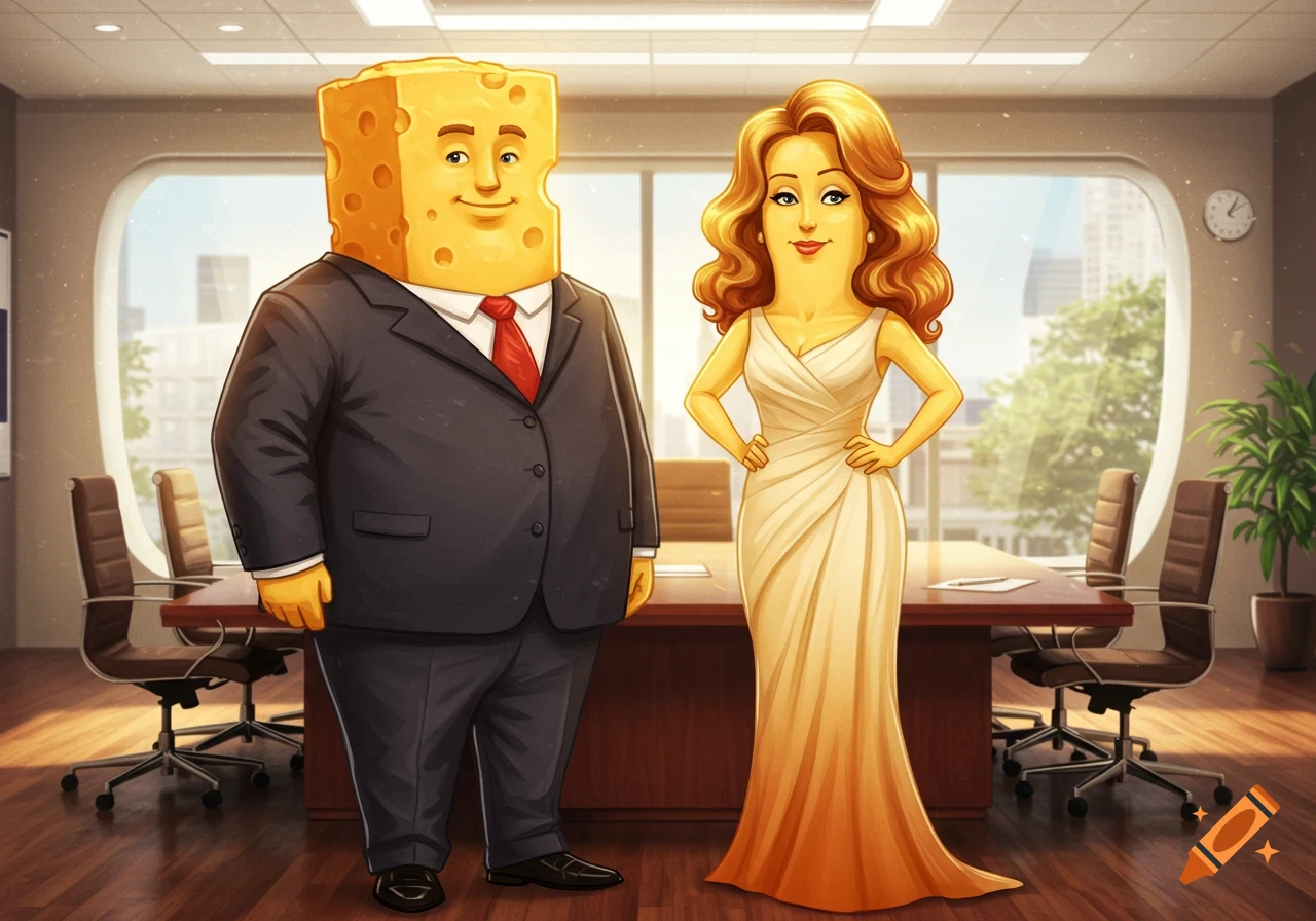 Cartoon of a man with a cheese block head and a woman with an elongated head, dressed as executives in an office.