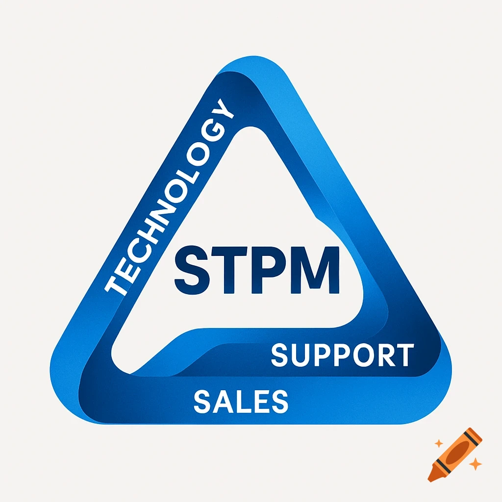 A blue 3D triangular logo with the words TECHNOLOGY, STPM, SUPPORT, and SALES.