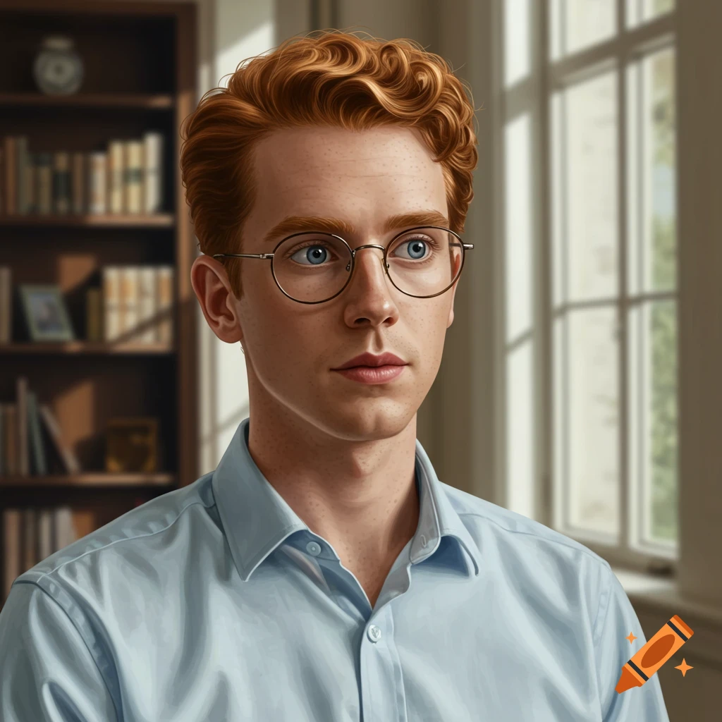 Photorealistic portrait of a young man with red curly hair, blue eyes, and glasses, wearing a light blue dress shirt.