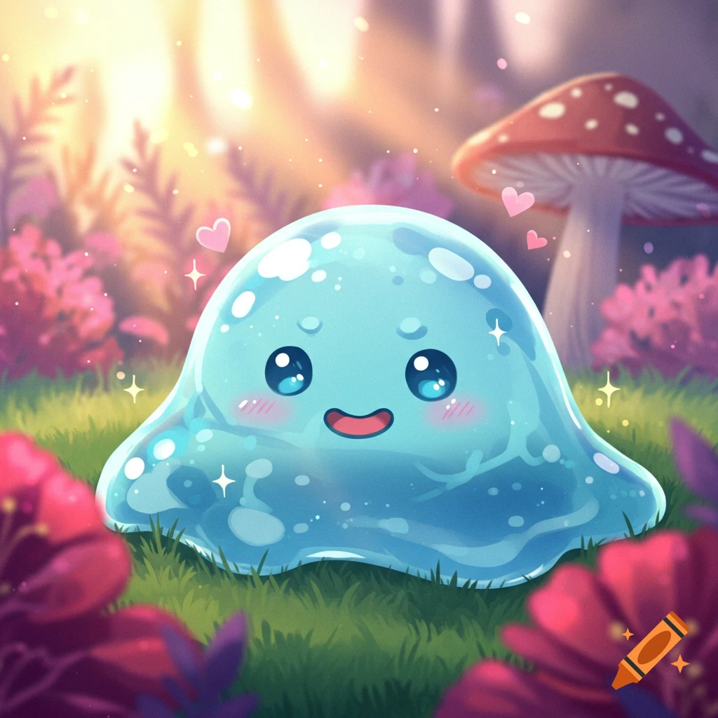 A cute blue translucent anime slime creature with big eyes and a smile sits in a magical glowing forest with pink flowers and a red mushroom.