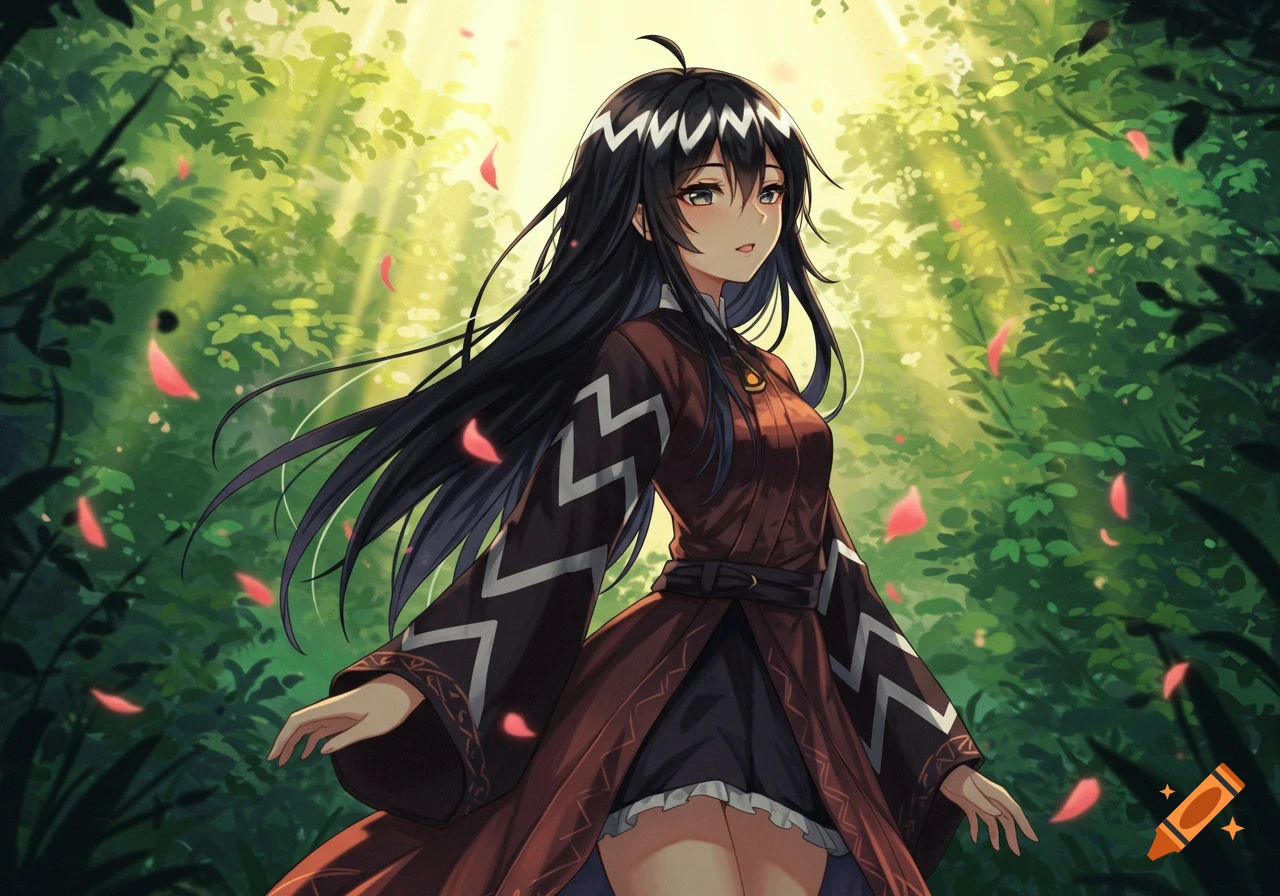 Anime girl with long black hair and white zig-zag stripes stands in a sunny forest with red petals falling.