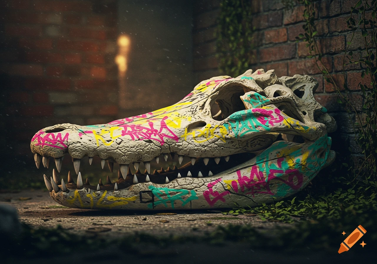 A detailed gator skull, weathered and covered in vibrant pink, yellow, and turquoise graffiti tags, rests on cracked pavement next to a brick wall with ivy.